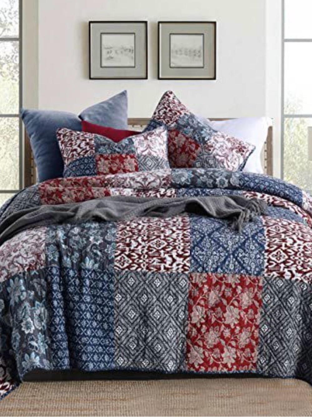 Patchwork Floral & Geometric Quilt Set in Red, Blue and Gray